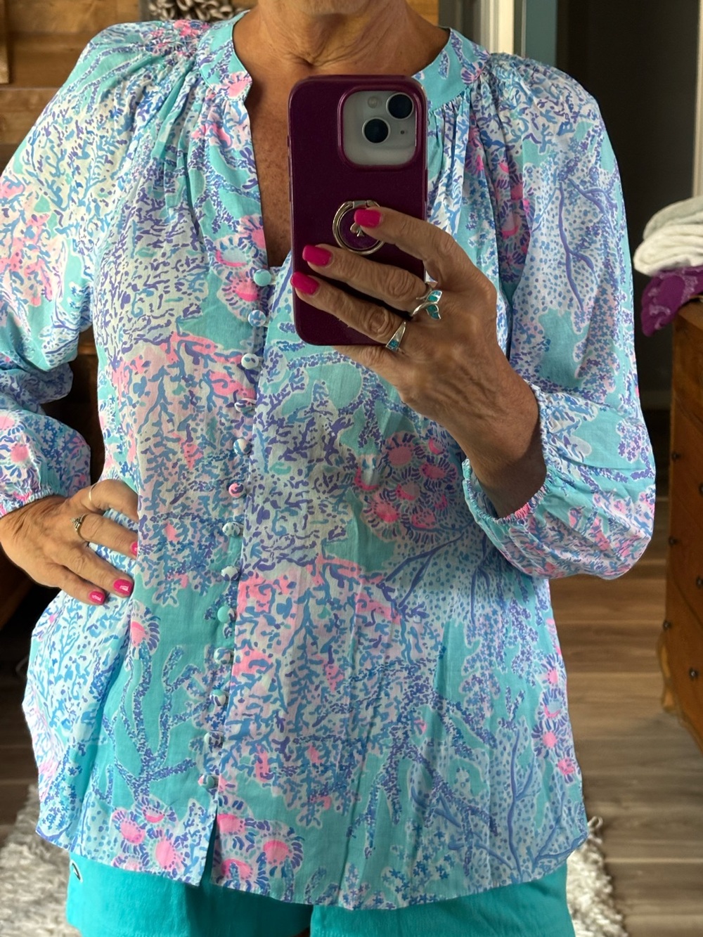 Lilly Pulitzer Women’s Floral Button-Front Blouse in Aqua Pink